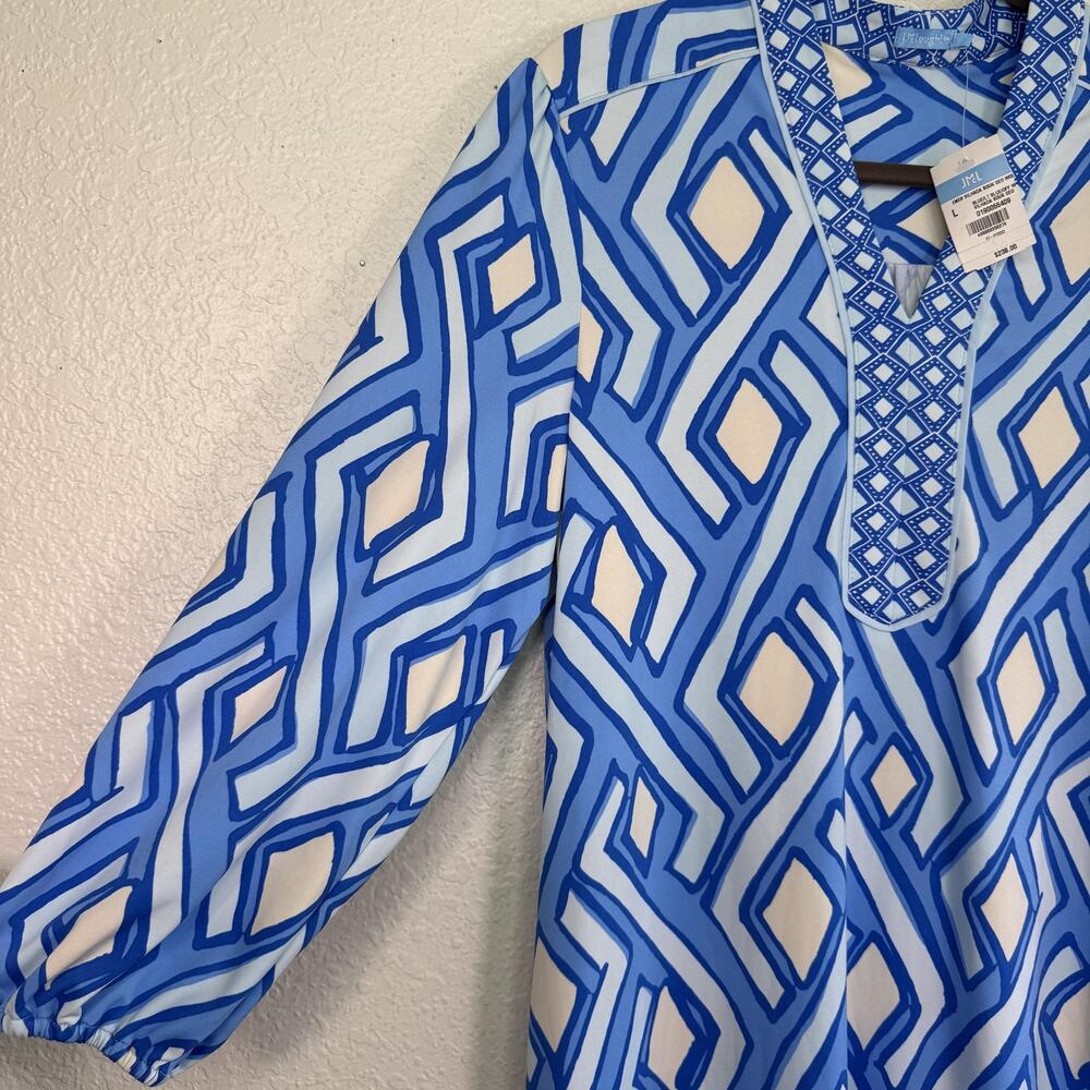 J. McLaughlin Emer Vilhada Dress Womens Large Blue Souk Geo Shift 3/4 Sleeve NEW - Picture 7 of 11